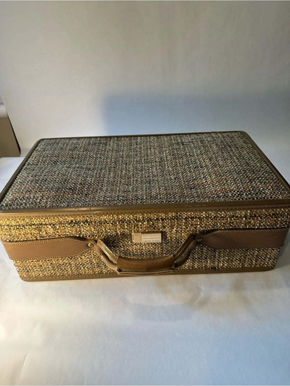 Tweed Travel Suitcase with Brown Trim - Classic Carry Case